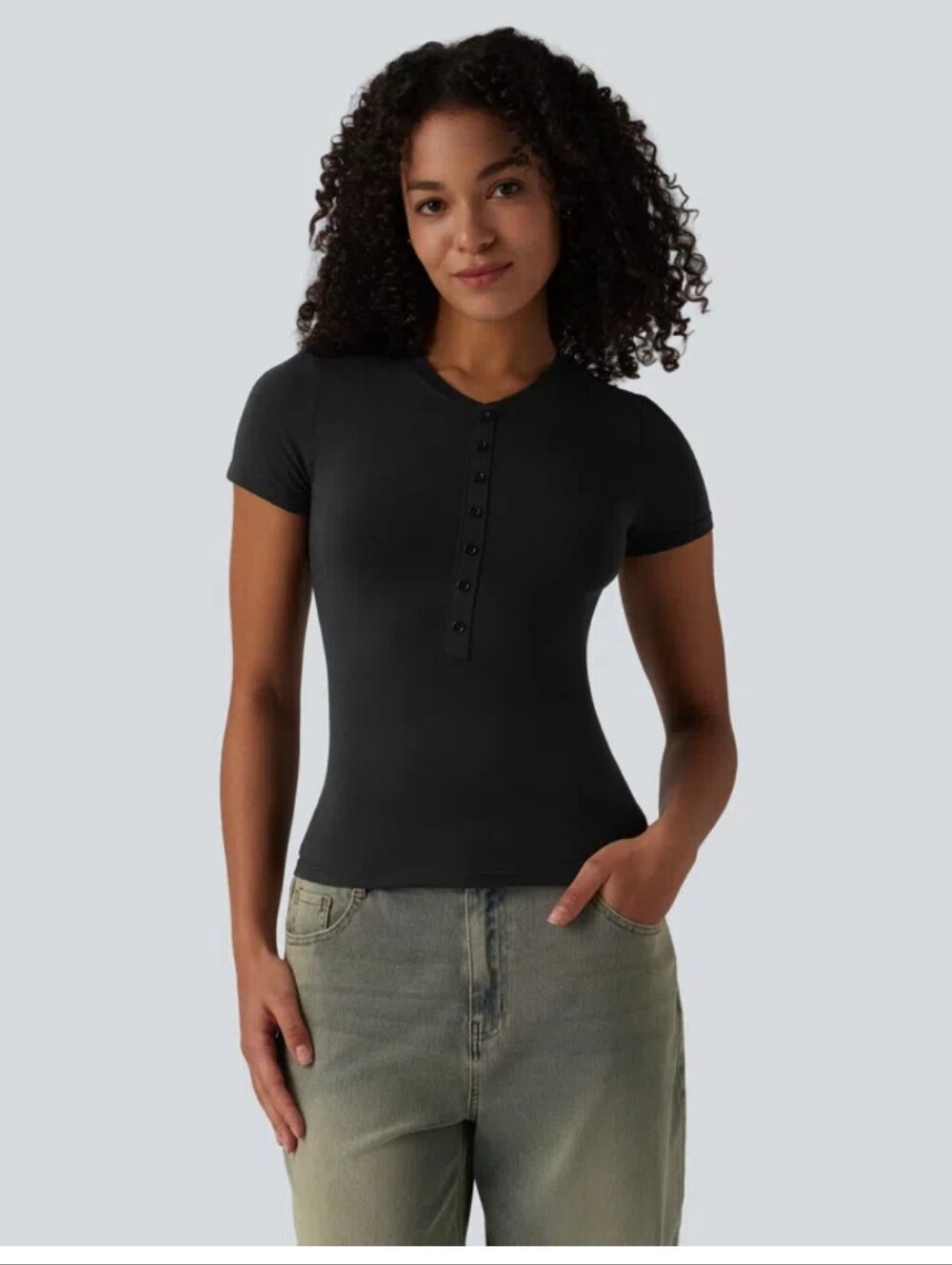 Halara Cotton Jersey Henley SS Slim Tshirt - Picture 2 of 3